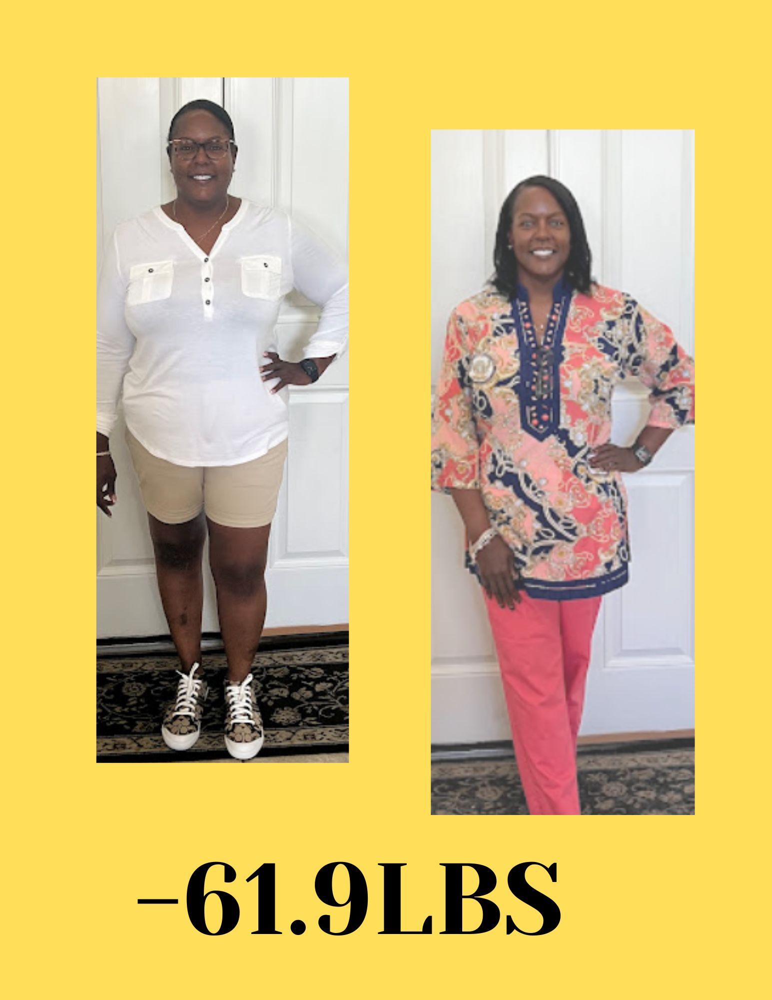 A before and after picture of a woman standing in front of a door.