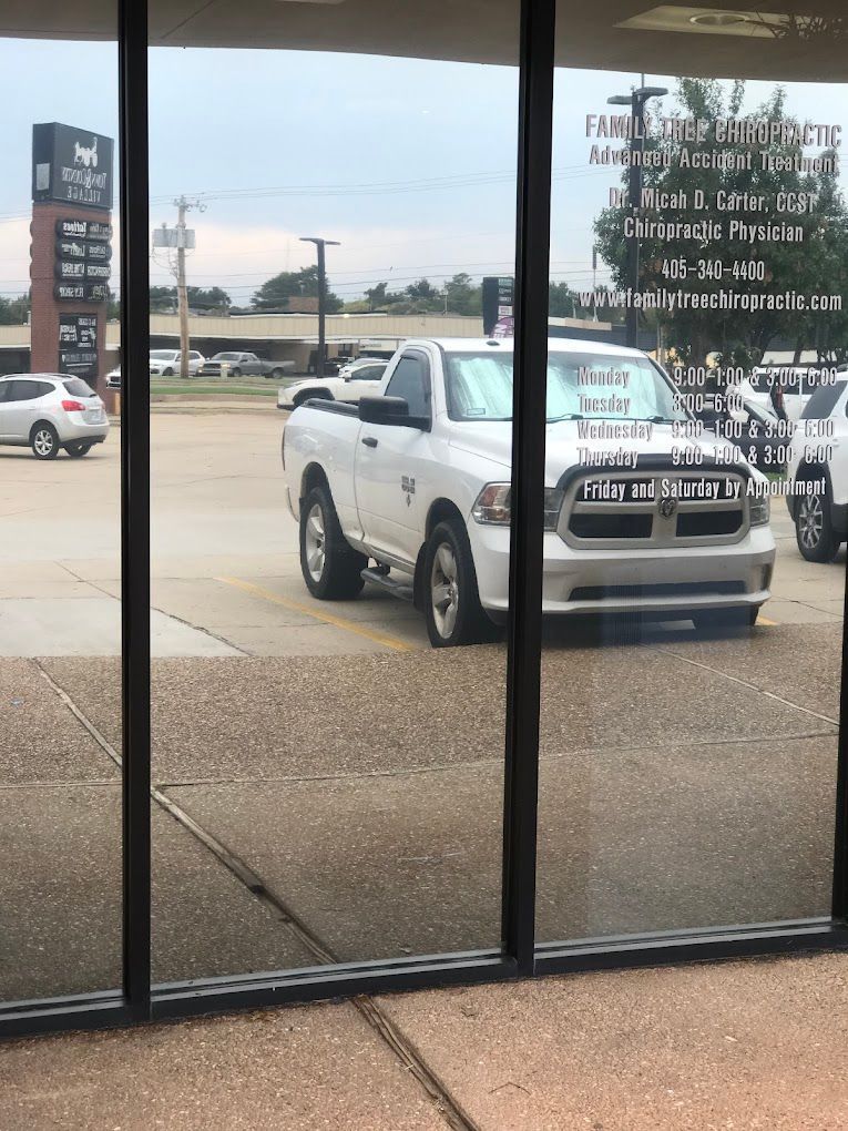 A white truck is parked in front of a building