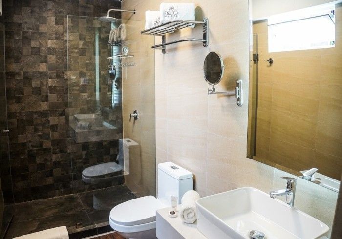 Baño con ducha, inodoro, lavabo y espejo. Ducha con azulejos marrones y paredes claras.