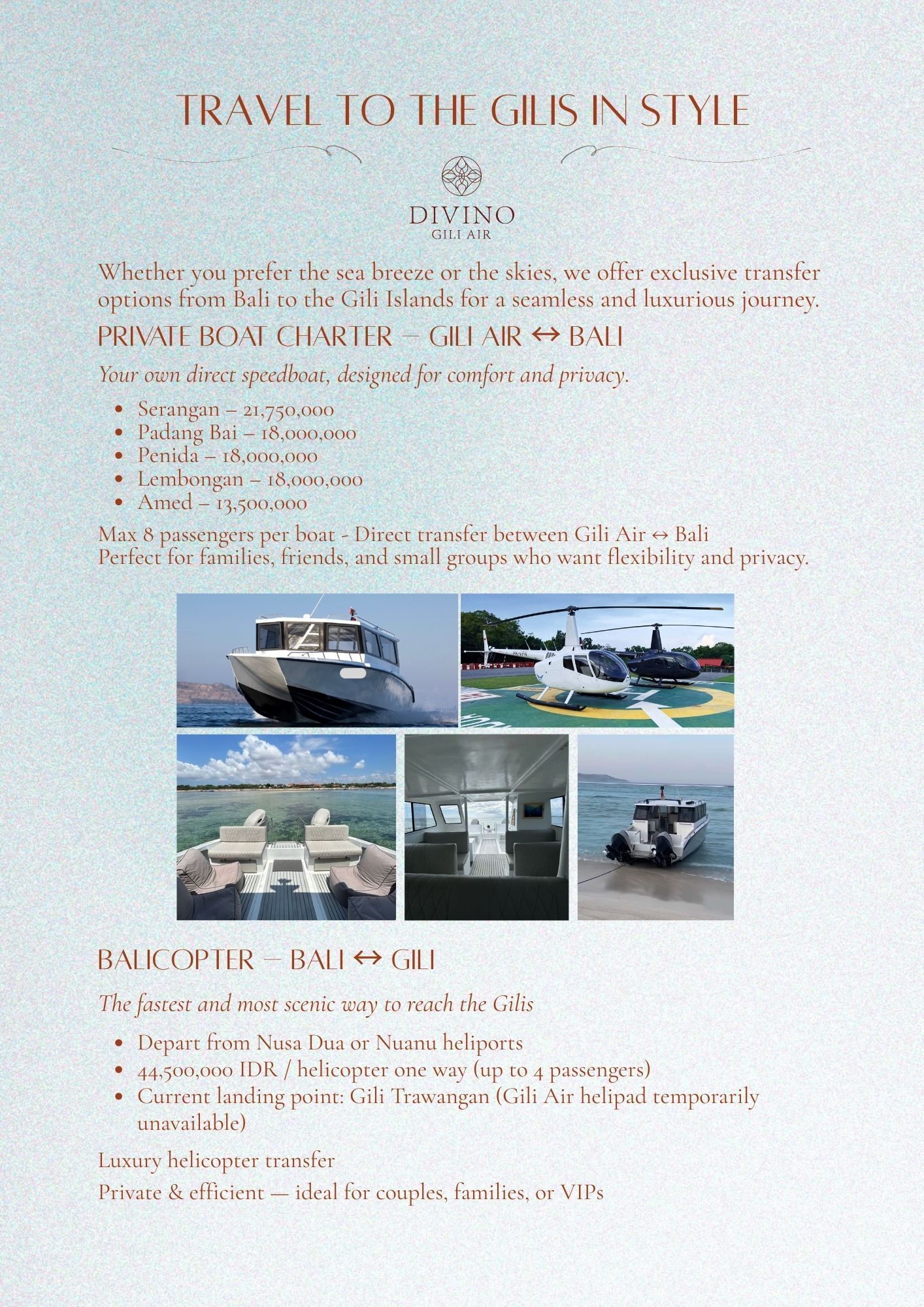 Advertisement for traveling to Gili Islands in style: private boat and helicopter options from Bali.