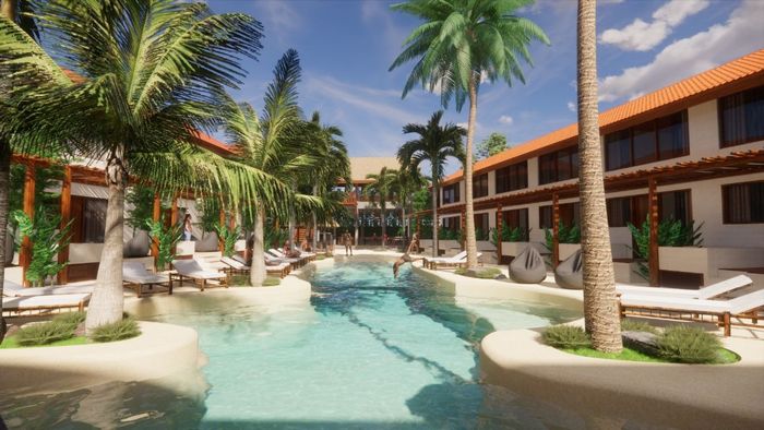 An artist 's impression of a large swimming pool surrounded by palm trees.