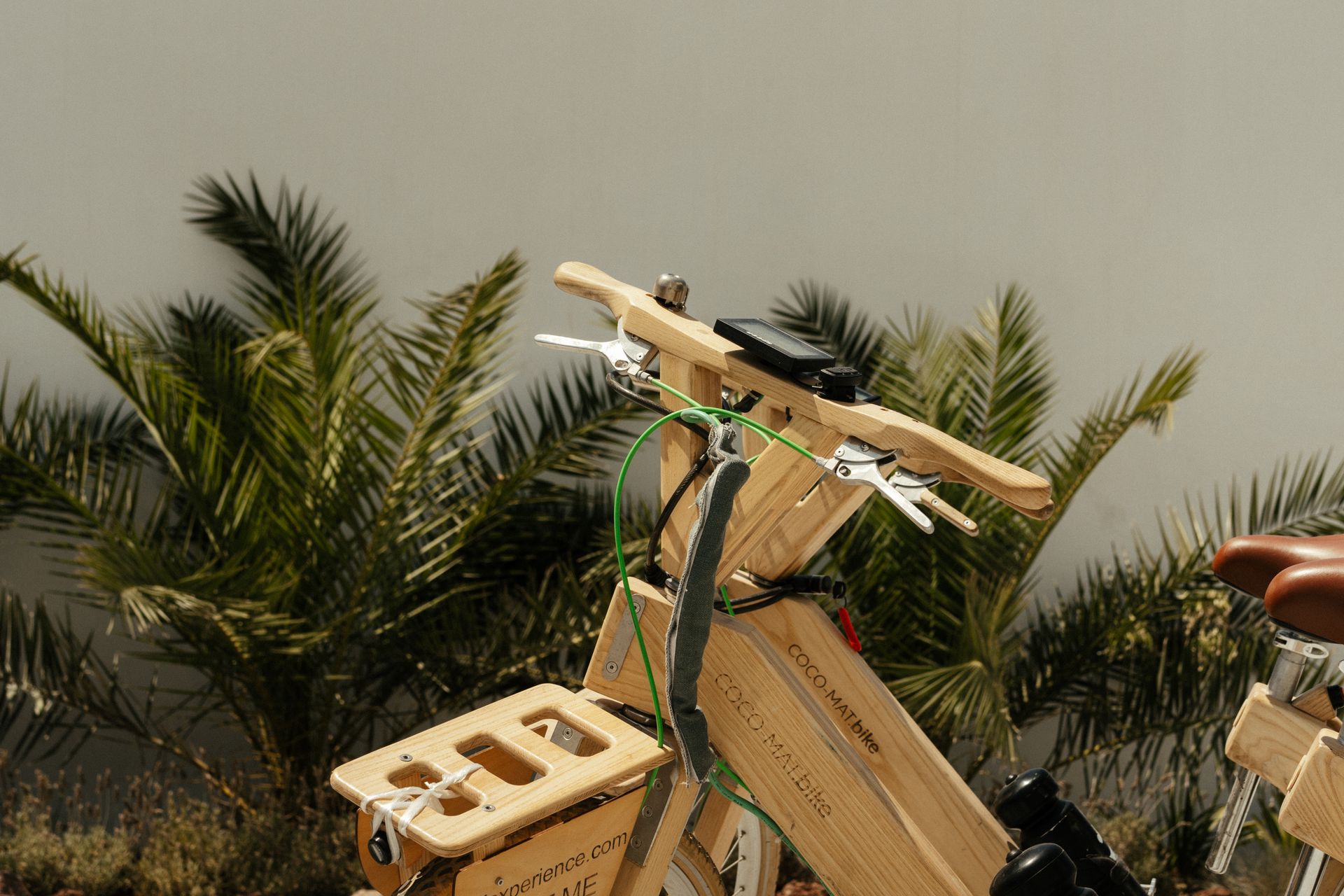 A wooden bicycle is parked in front of palm trees