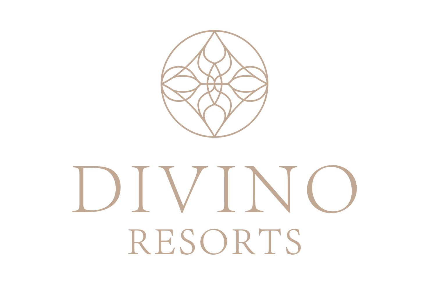Divino Resorts logo with gold floral emblem and serif text on a white background