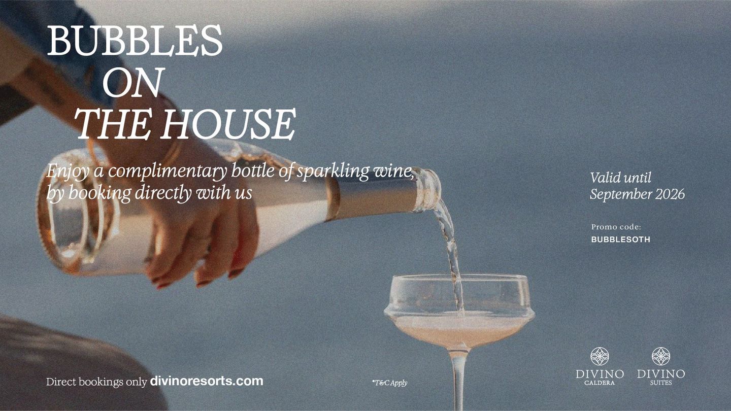 Hands pouring sparkling drink into a glass over a table with the title “Bubbles on the House.”