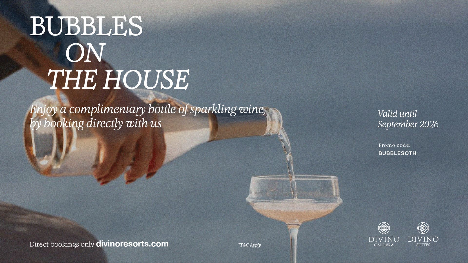 Hands pouring sparkling drink into a glass over a table with the title “Bubbles on the House.”