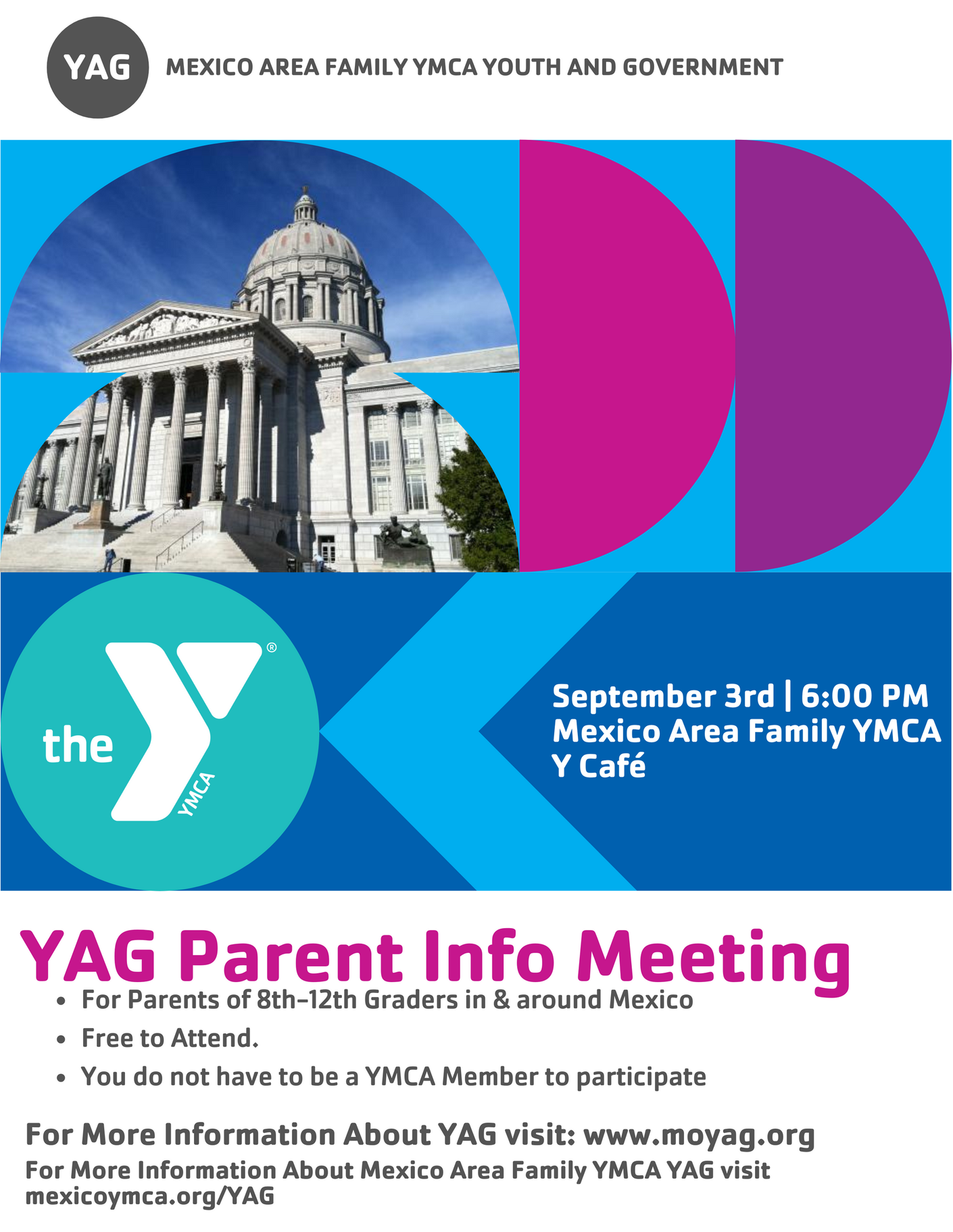 Poster for YAG Parent Info Meeting at Mexico Area Family YMCA, Sept 3rd, 6 PM. Features YMCA logo and building image.