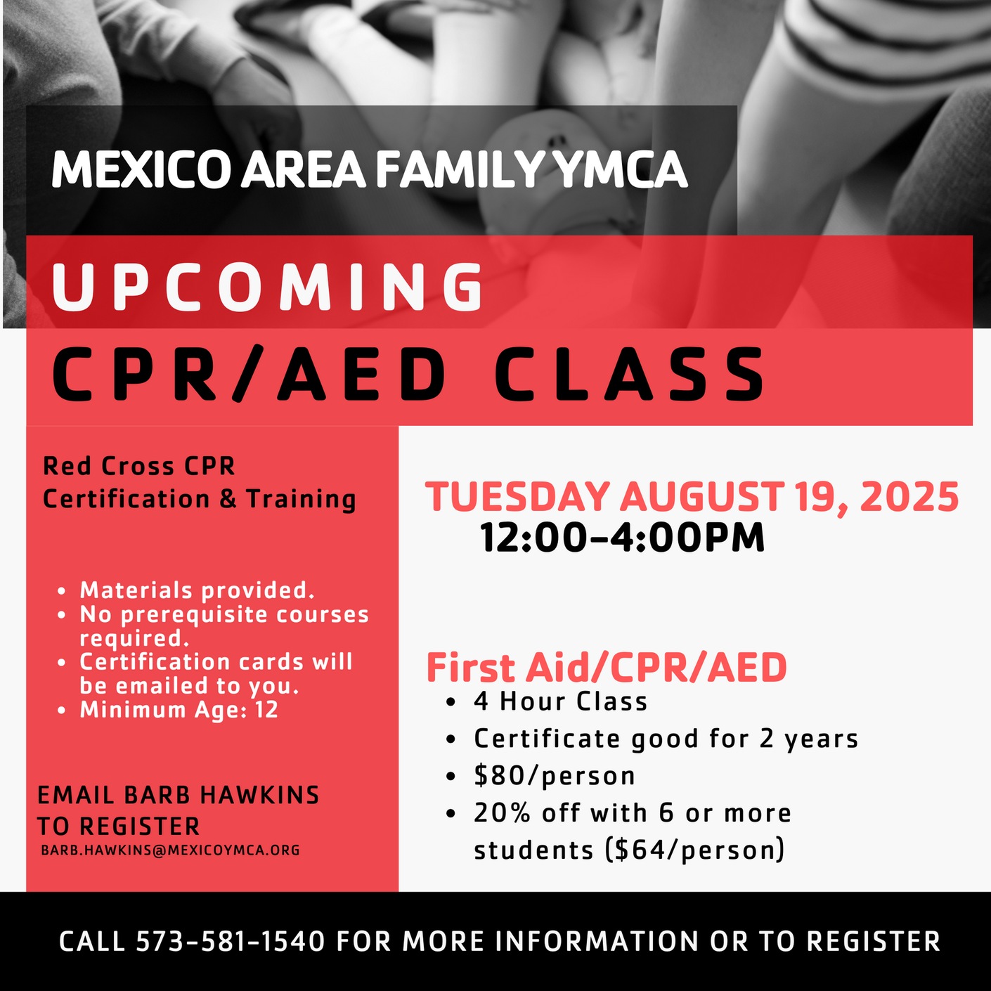 CPR/AED class at Mexico Area Family YMCA, August 19, 2025. Includes Red Cross CPR certification, $80/person.
