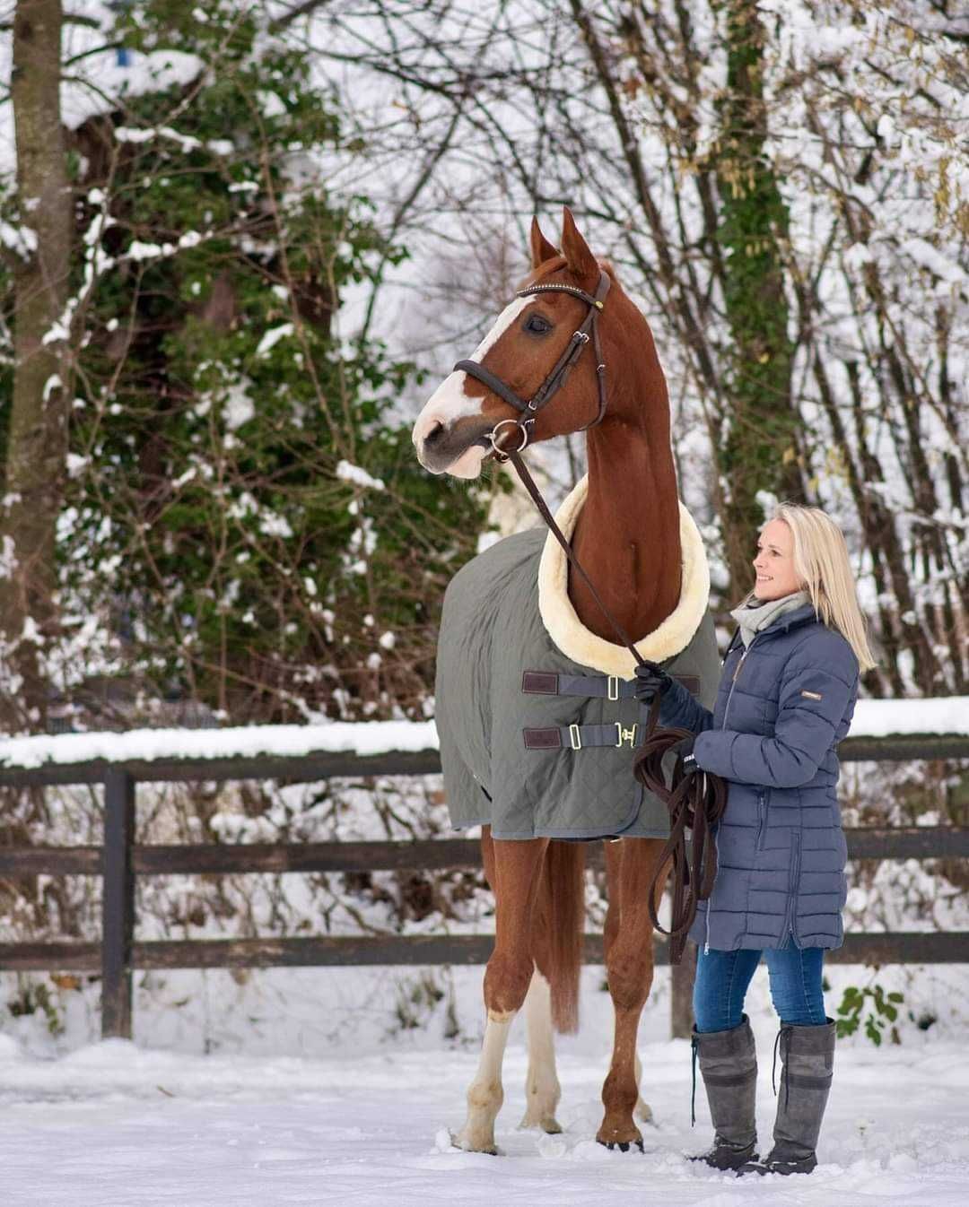 une femme se tient à côté d' un cheval dans la neige .