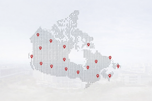 Map of Canada with red location markers.