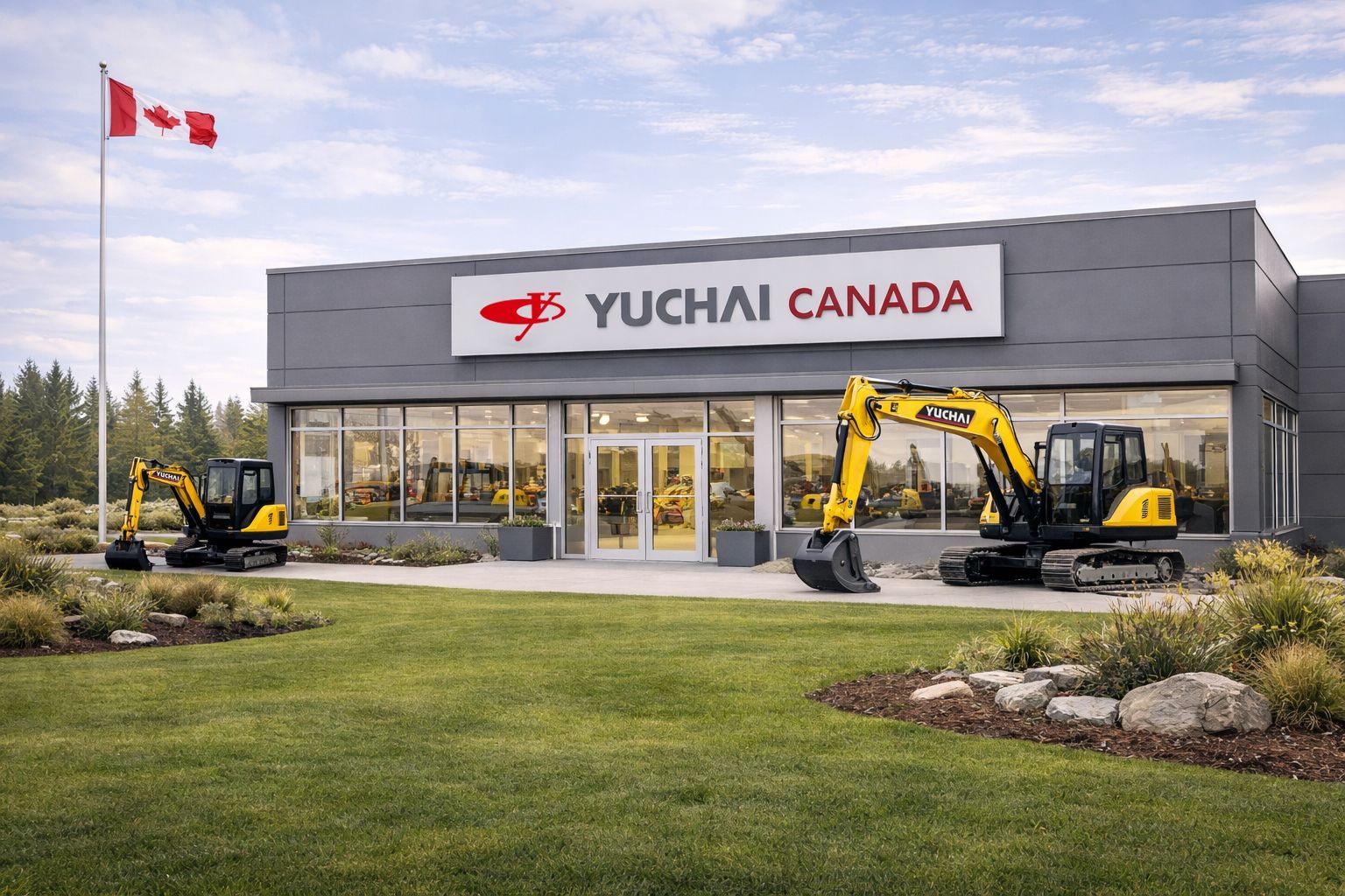 Yuchai Canada dealership with two yellow excavators outside; Canadian flag flies.