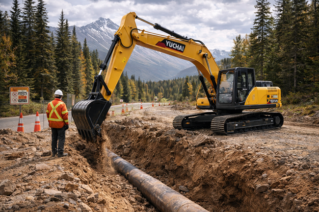 Yellow YUCHAI YC205 excavator digging trench near a road, watched by construction worker. Mountainous forest backdrop.