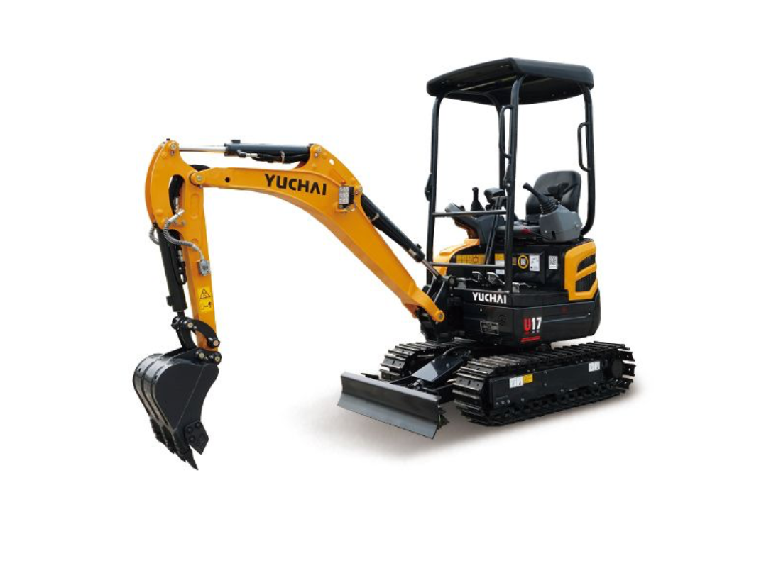 Yellow and black Yuchai U17 mini excavator on tracks, bucket extended.