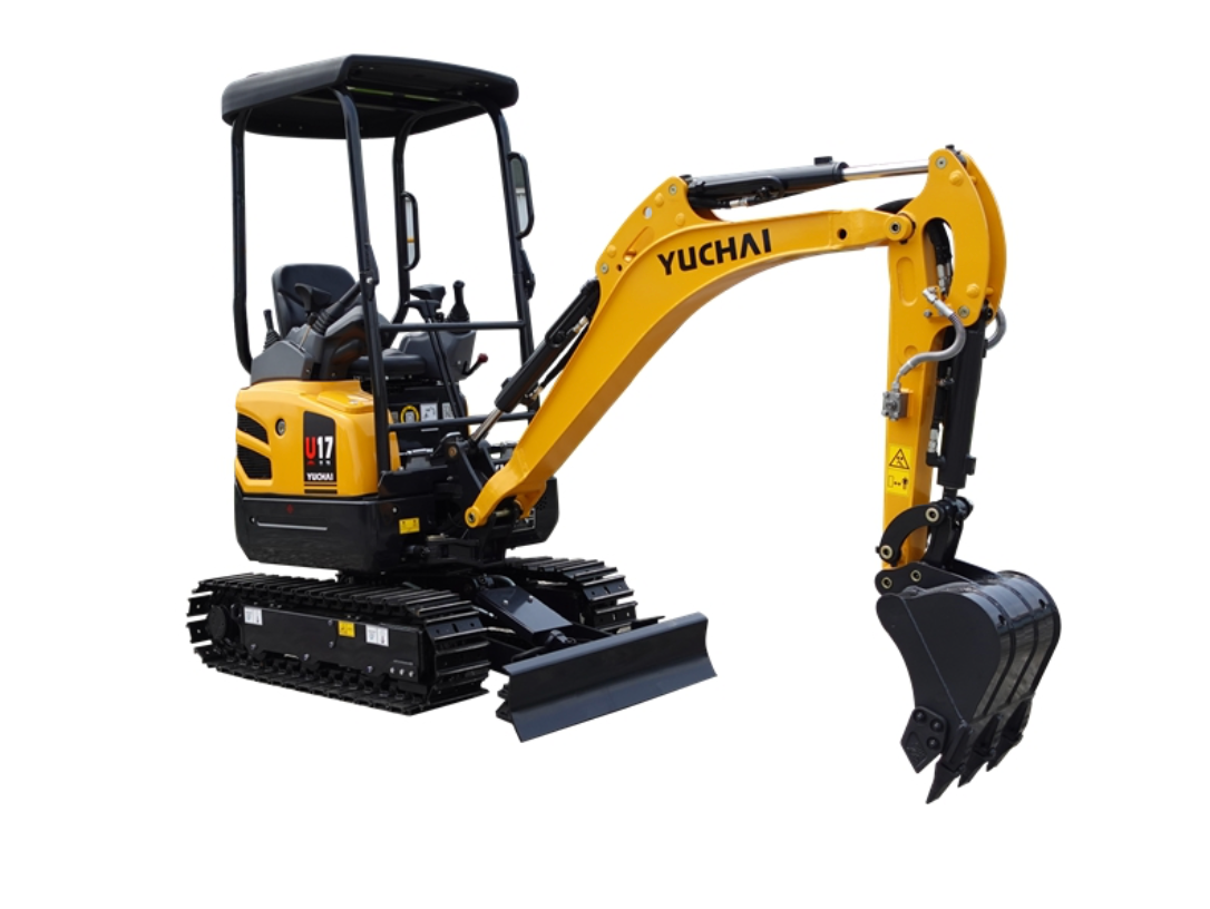 Yellow Yuchai U17 mini excavator on tracks, with black cab and bucket, angled right.