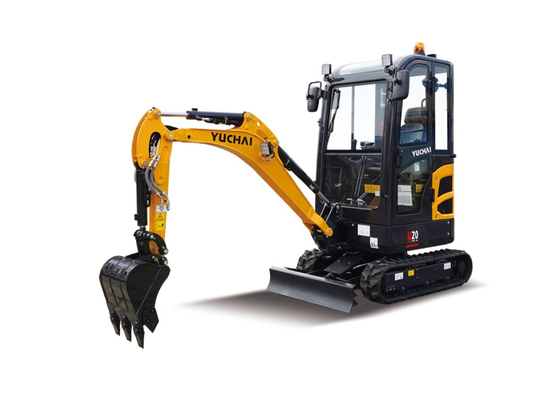 Yellow mini excavator with black tracks and bucket on a white background