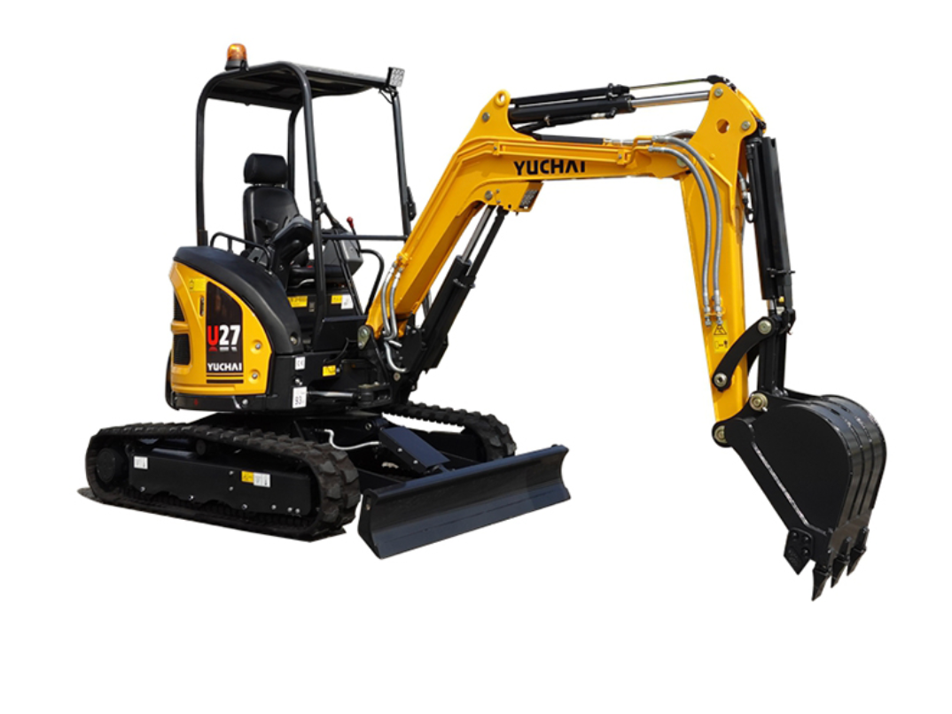 Yellow Yuchai Y27 mini excavator with black tracks, bucket, and cab.