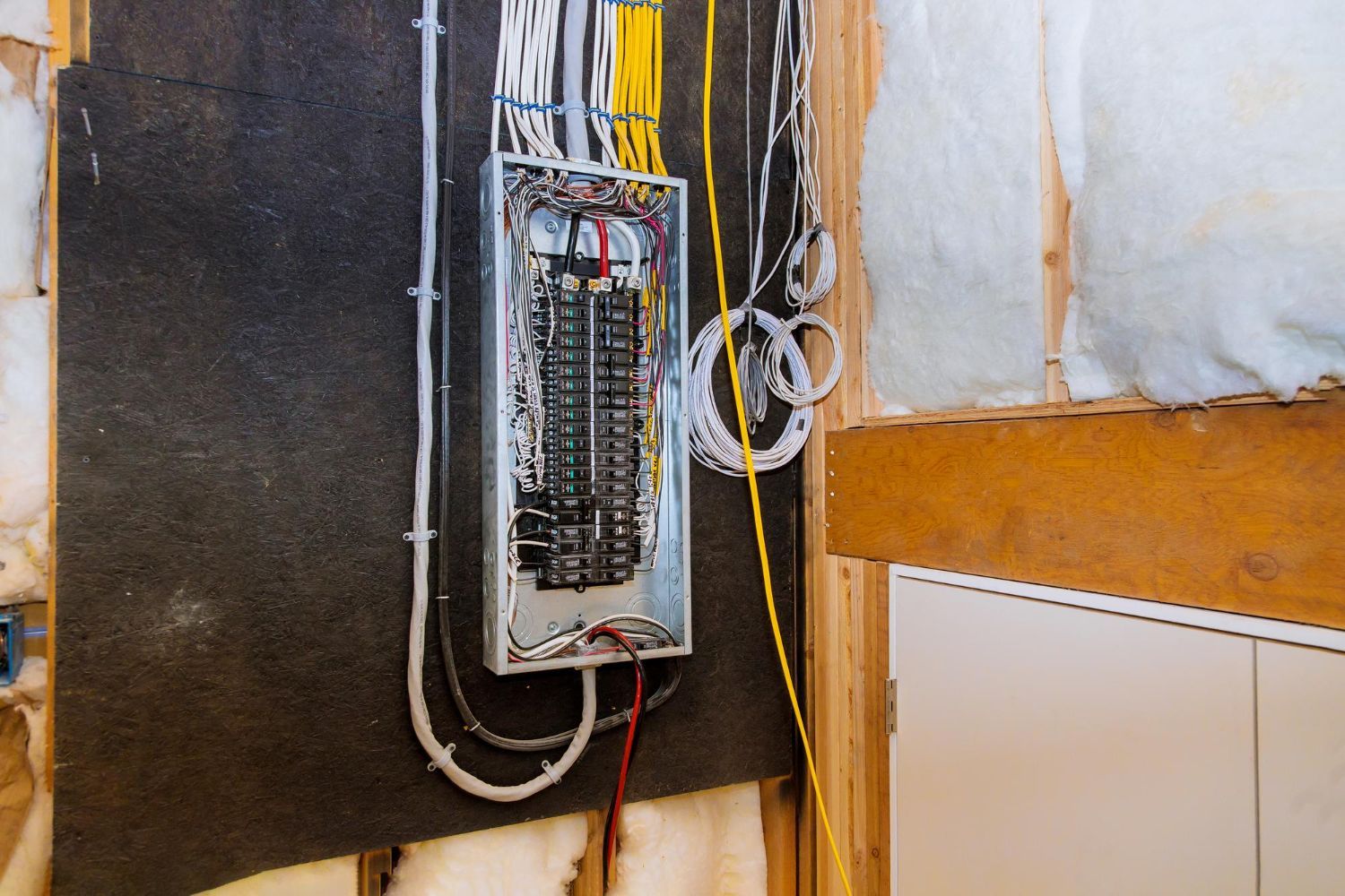 A electrical box is hanging on a wall in a room.