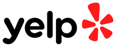A yelp logo with a red star on a white background.