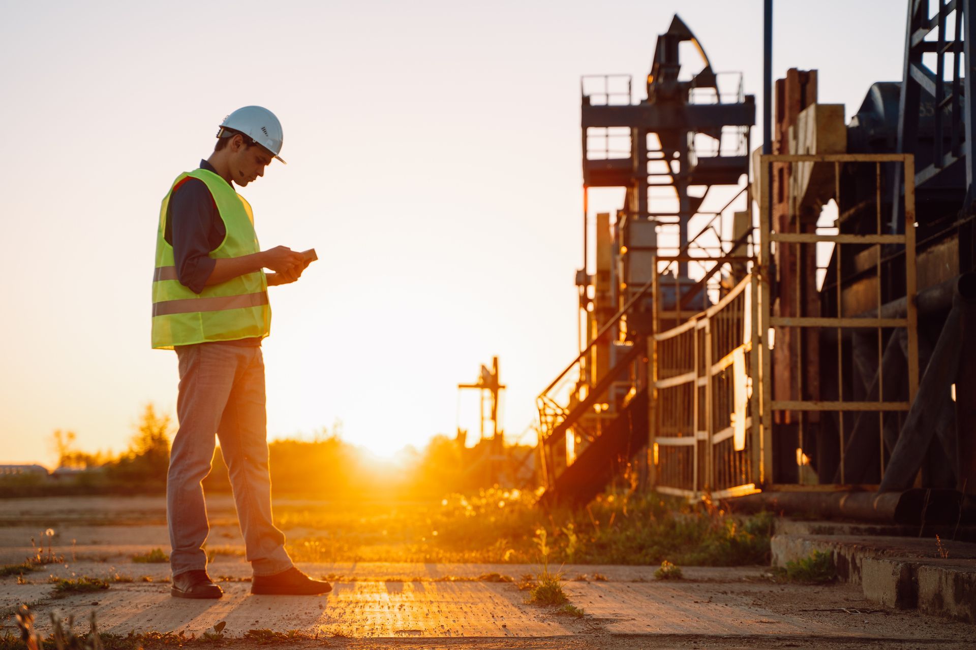Engineer in hard hat and vest uses tablet near oil rig at sunset. Engineer in hard hat and vest uses tablet near oil rig at sunset.