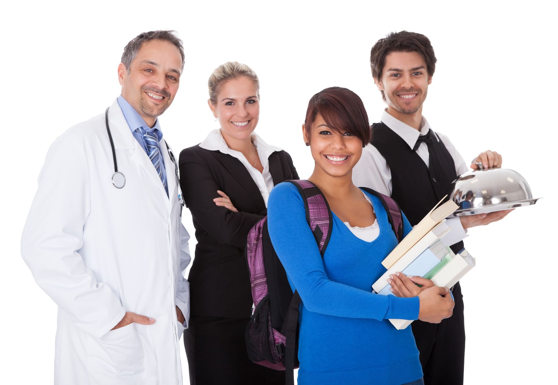People in professional attire: doctor, businesswoman, student, waiter holding food tray.