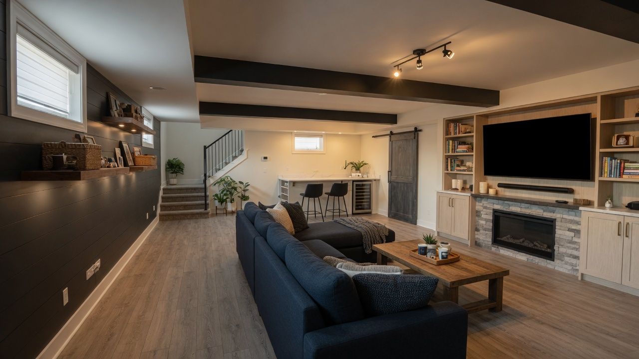 Modern open-plan basement with navy sofa, large TV, fireplace, and warm wood accents