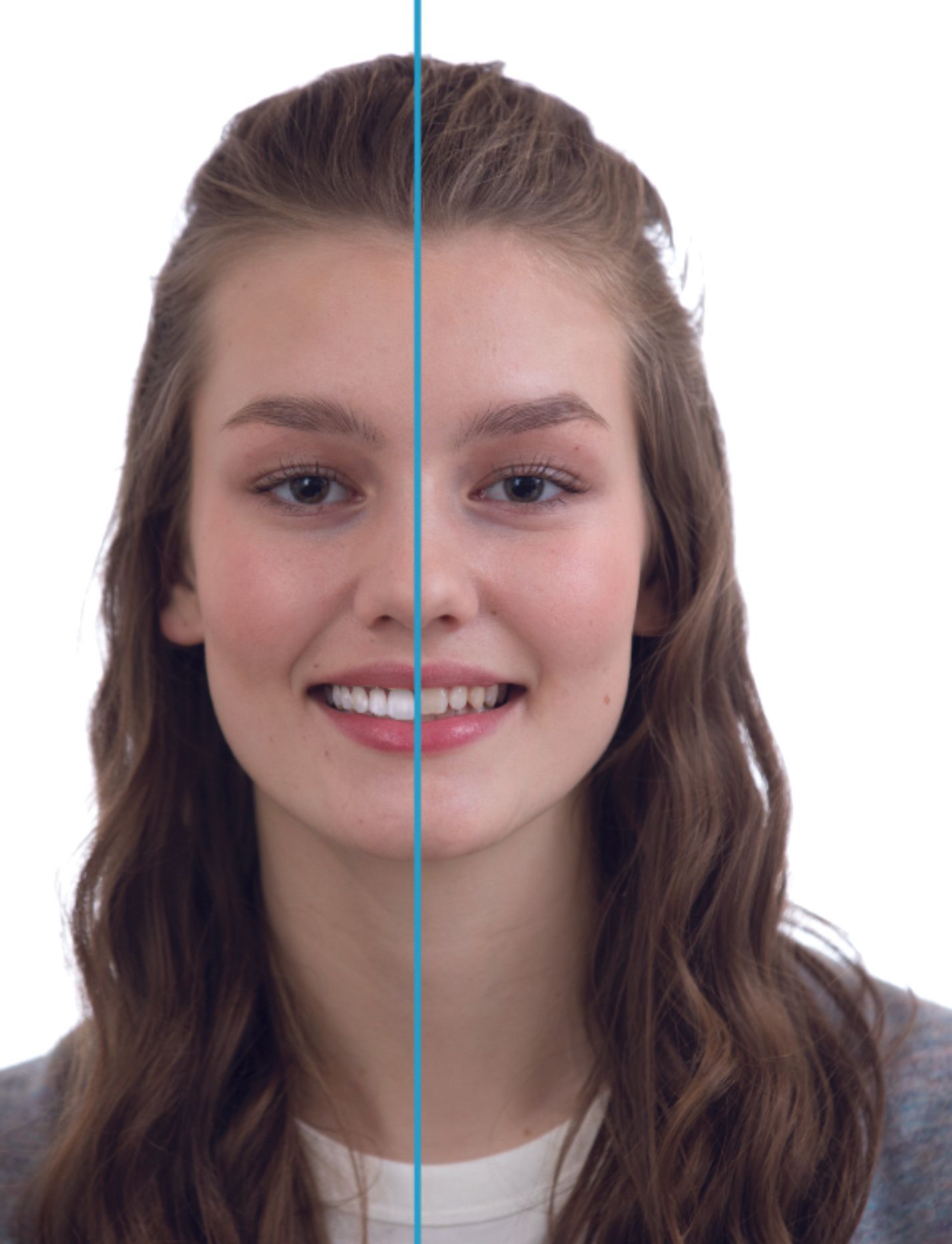 Half of a woman 's face is shown with a blue line between them