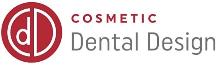 The logo for cosmetic dental design is red and white.