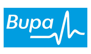 A blue and white bupa logo with a heartbeat line