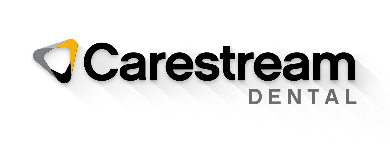 The logo for carestream dental is black and yellow with a shadow on a white background.