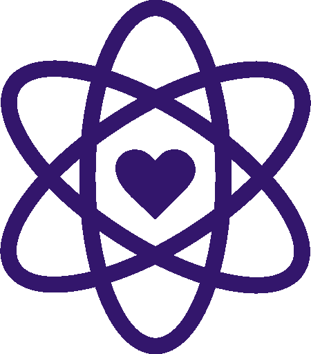 A purple atom with a heart in the middle.