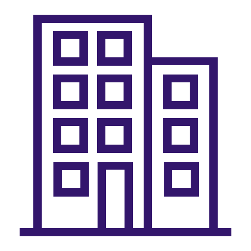 It is a purple icon of a building with squares on it.