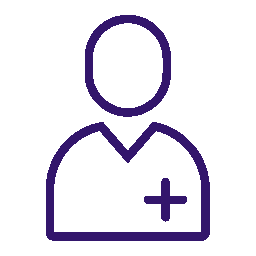 A purple icon of a person with a plus sign on their chest.