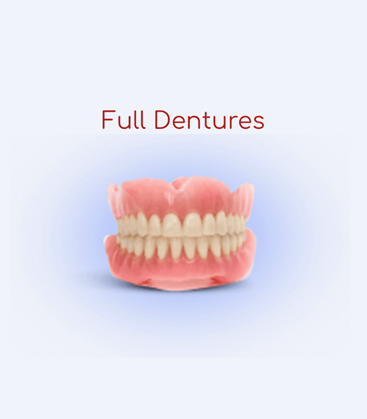 A picture of a full denture on a blue background