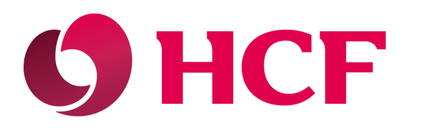 The hcf logo is red and white and has a heart in the middle.