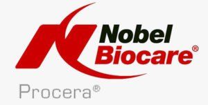 A red and black logo for nobel biocare procera