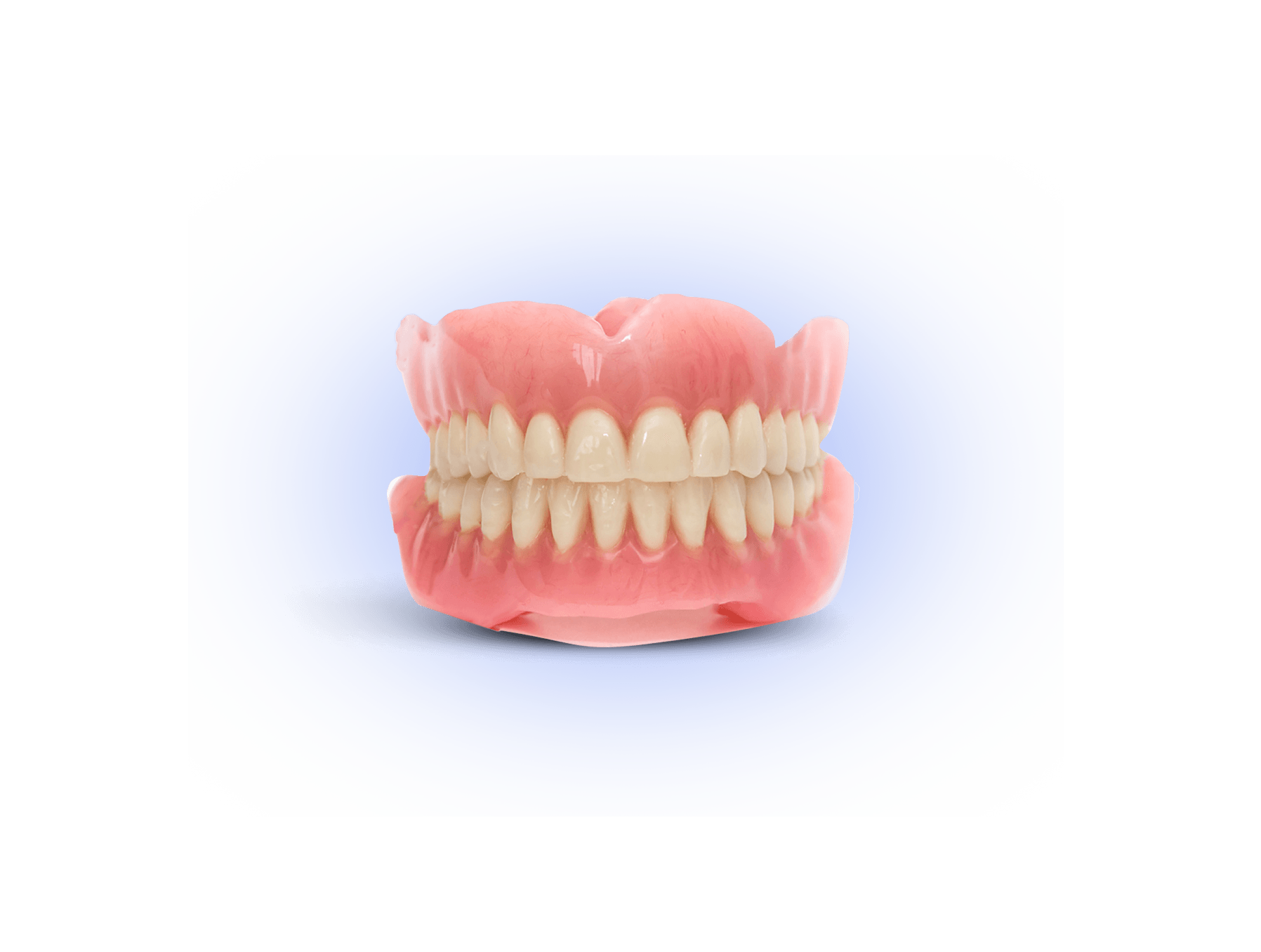 A close up of a denture with white teeth on a blue background.