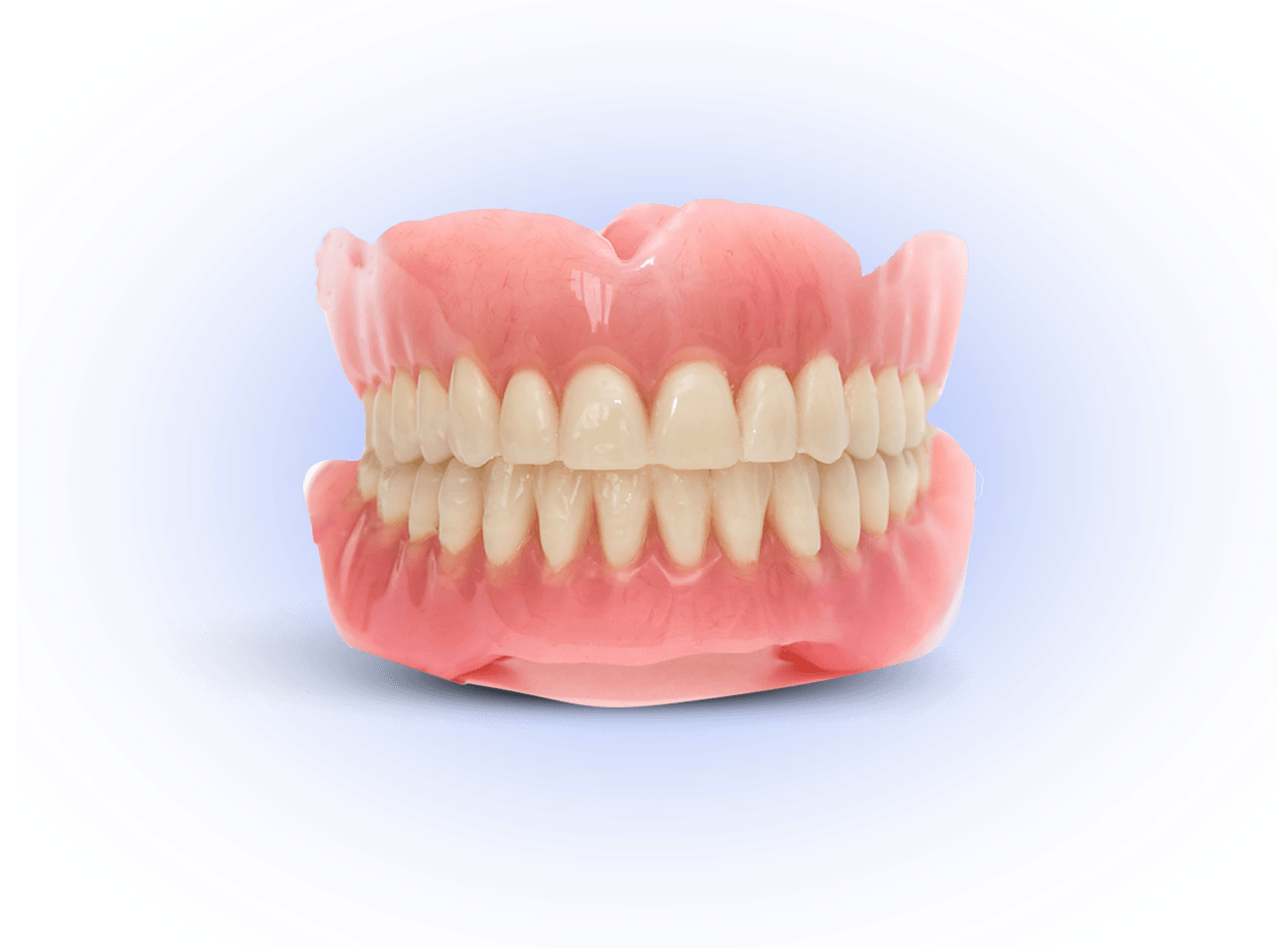 A close up of a denture with white teeth on a blue background.