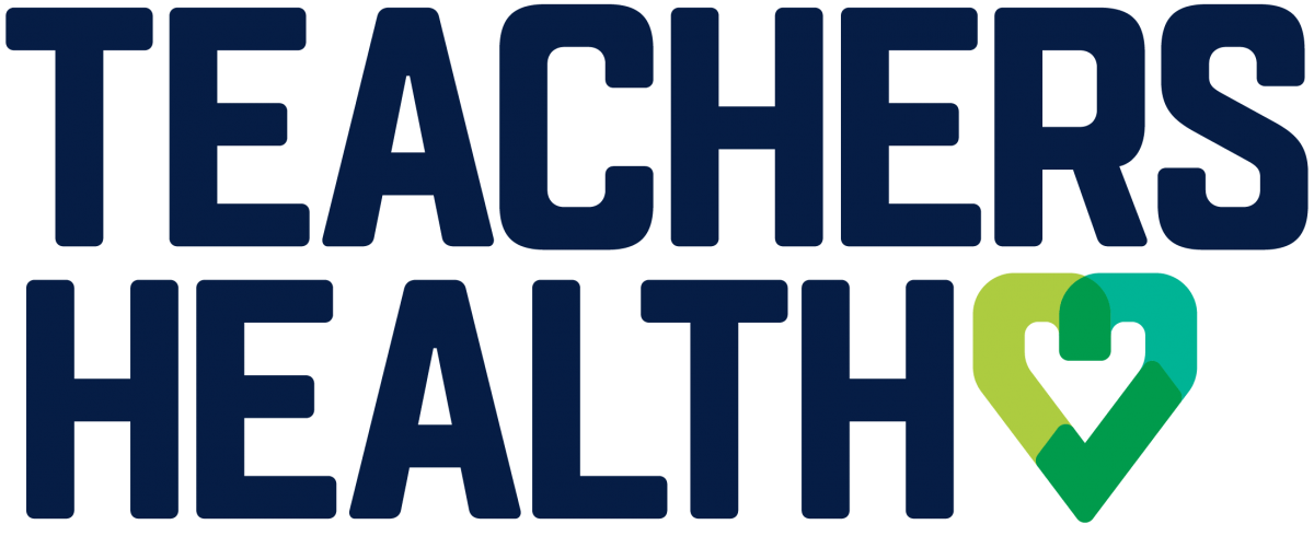 A logo for teachers health with a heart in the middle.