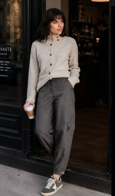 Mujer con cárdigan beige y pantalones grises apoyada en el marco de una puerta, sosteniendo una taza de café.