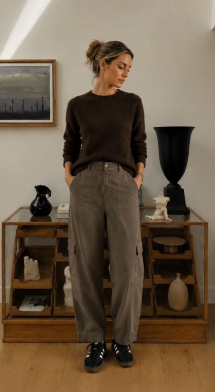 Mujer con cárdigan beige y pantalones grises apoyada en el marco de una puerta, sosteniendo una taza de café.
