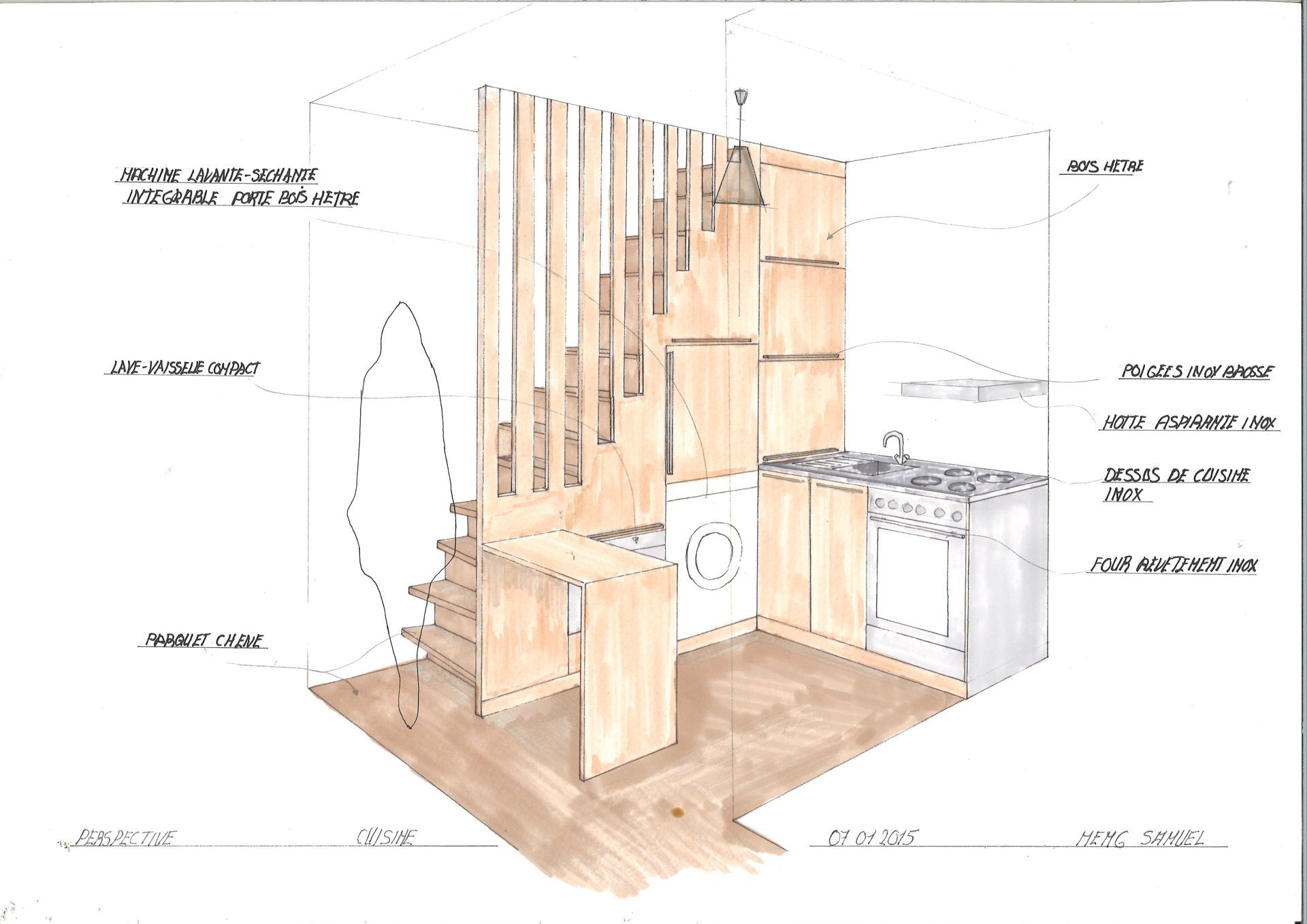 un croquis d' une cuisine avec des armoires en bois et des escaliers .
