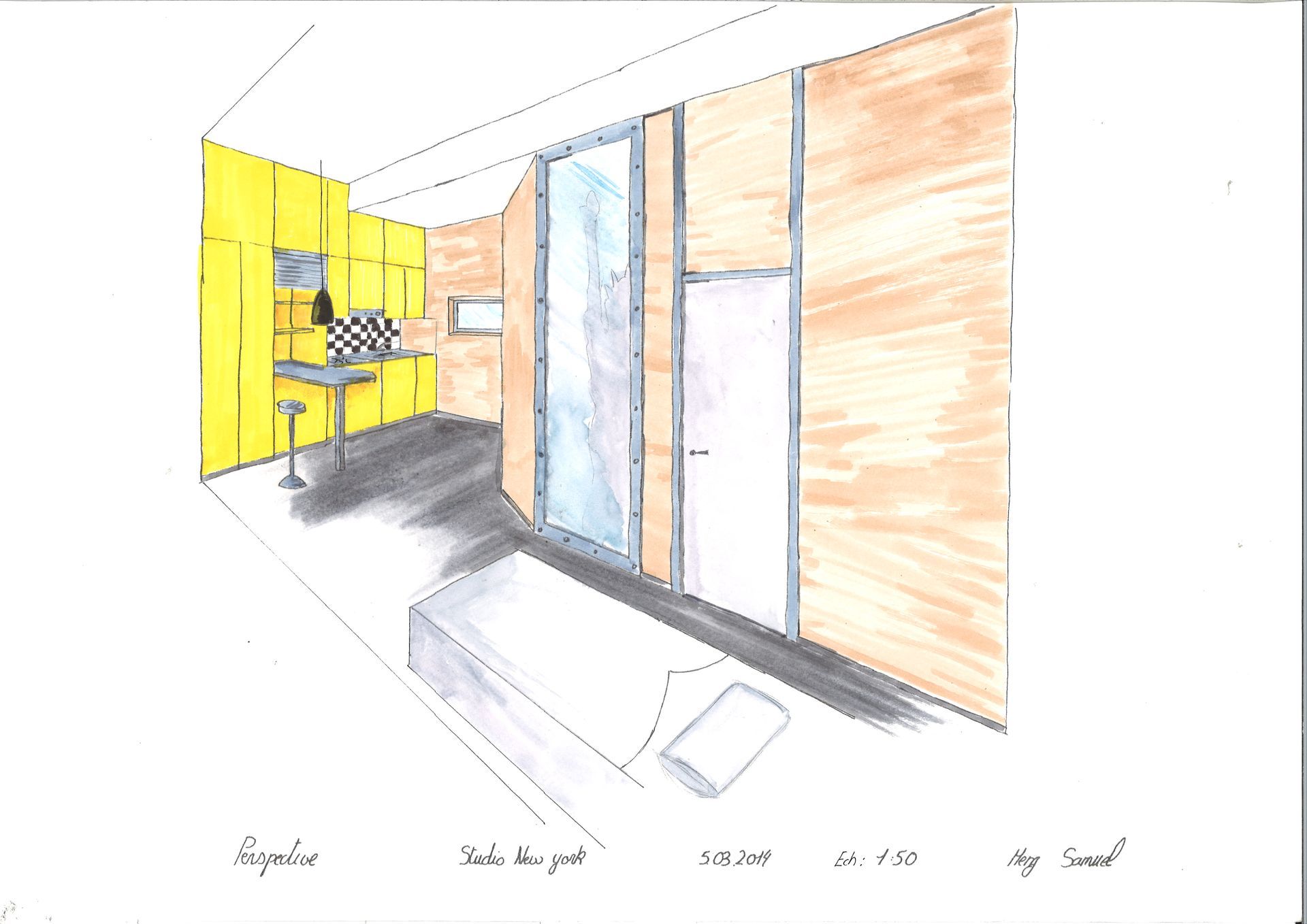 un croquis d' une pièce avec des murs jaunes et des portes coulissantes.