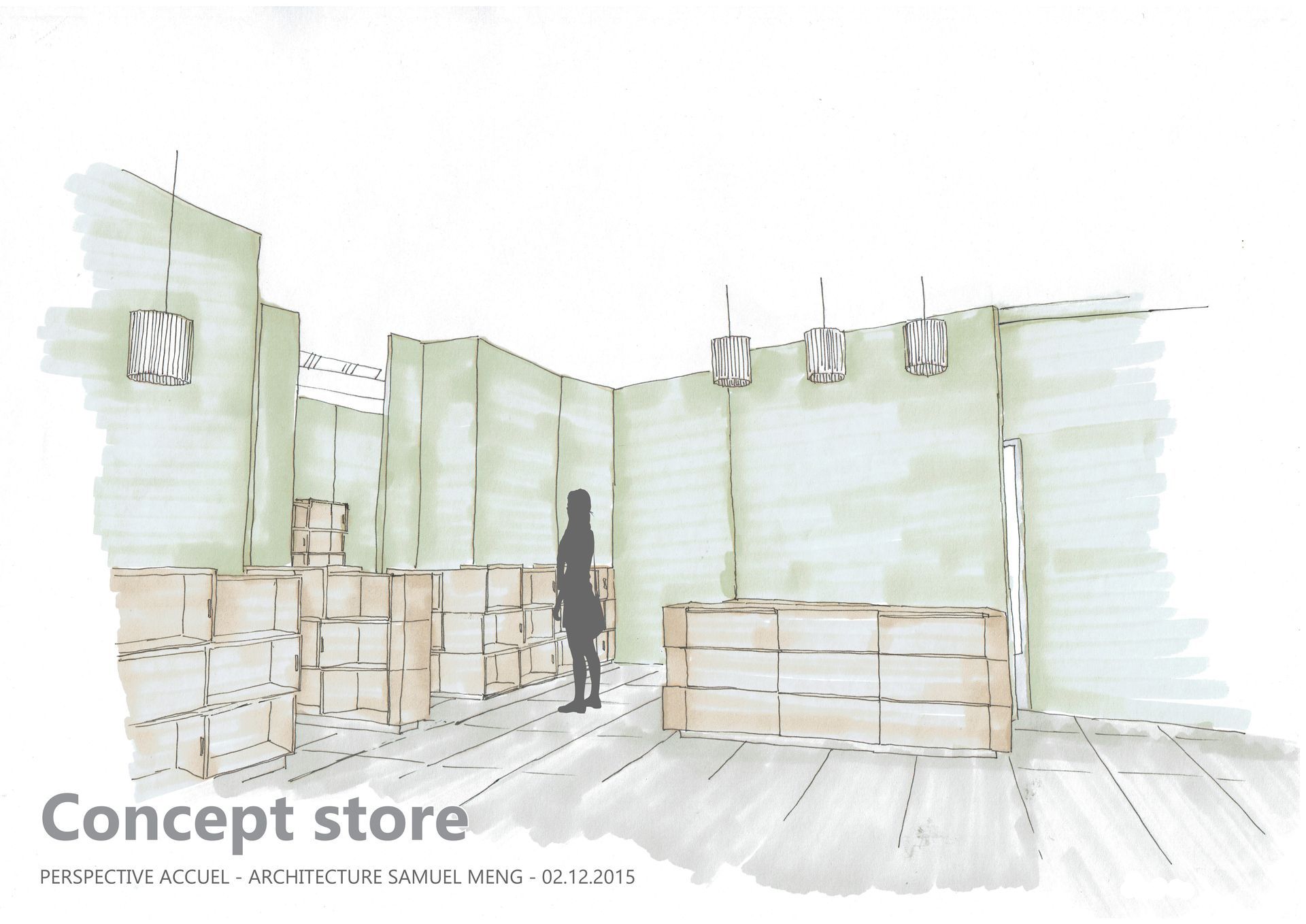 un croquis d' une femme debout à l' intérieur d' un concept store.