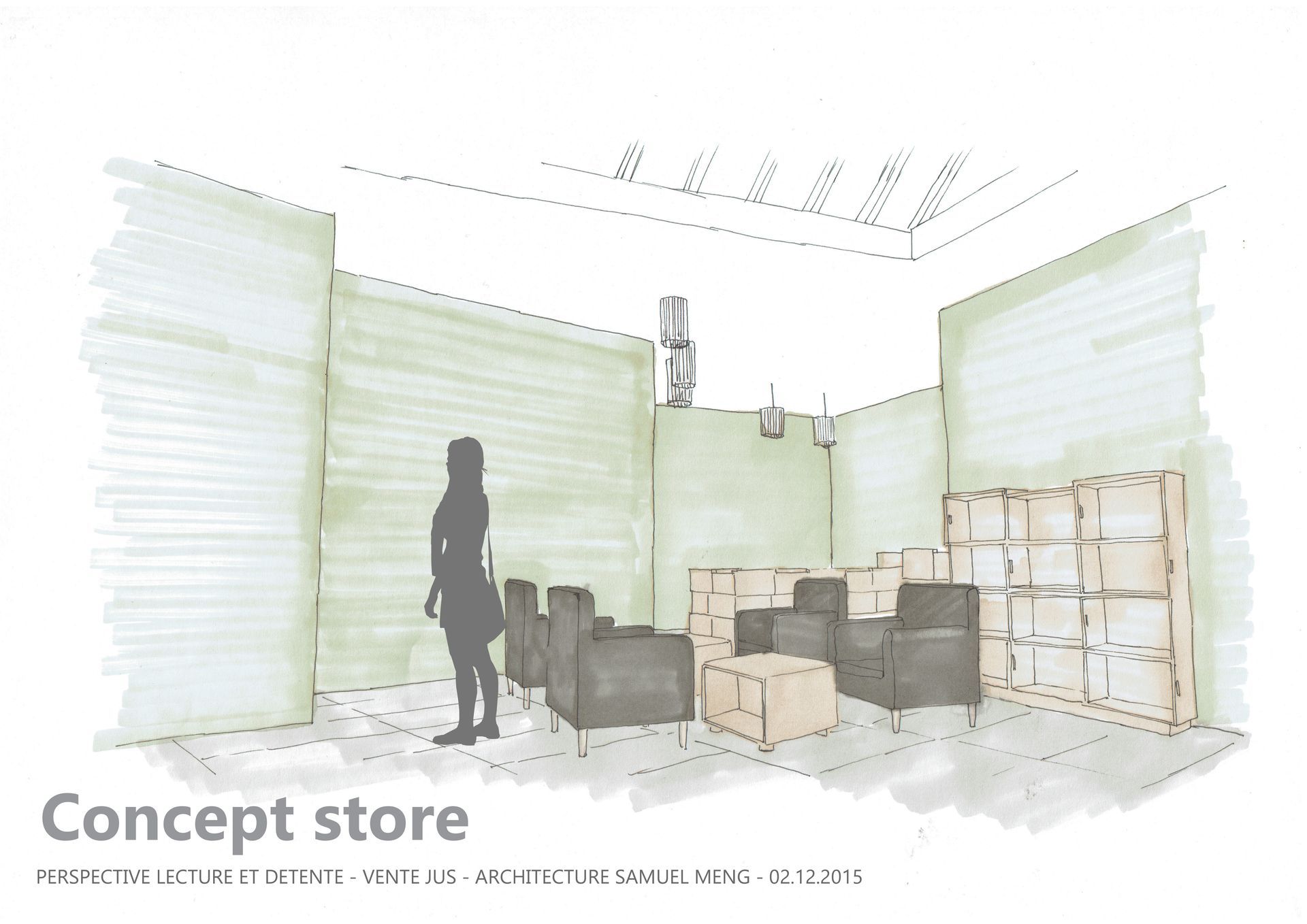 un dessin d' une femme debout dans une pièce avec des chaises et des étagères.