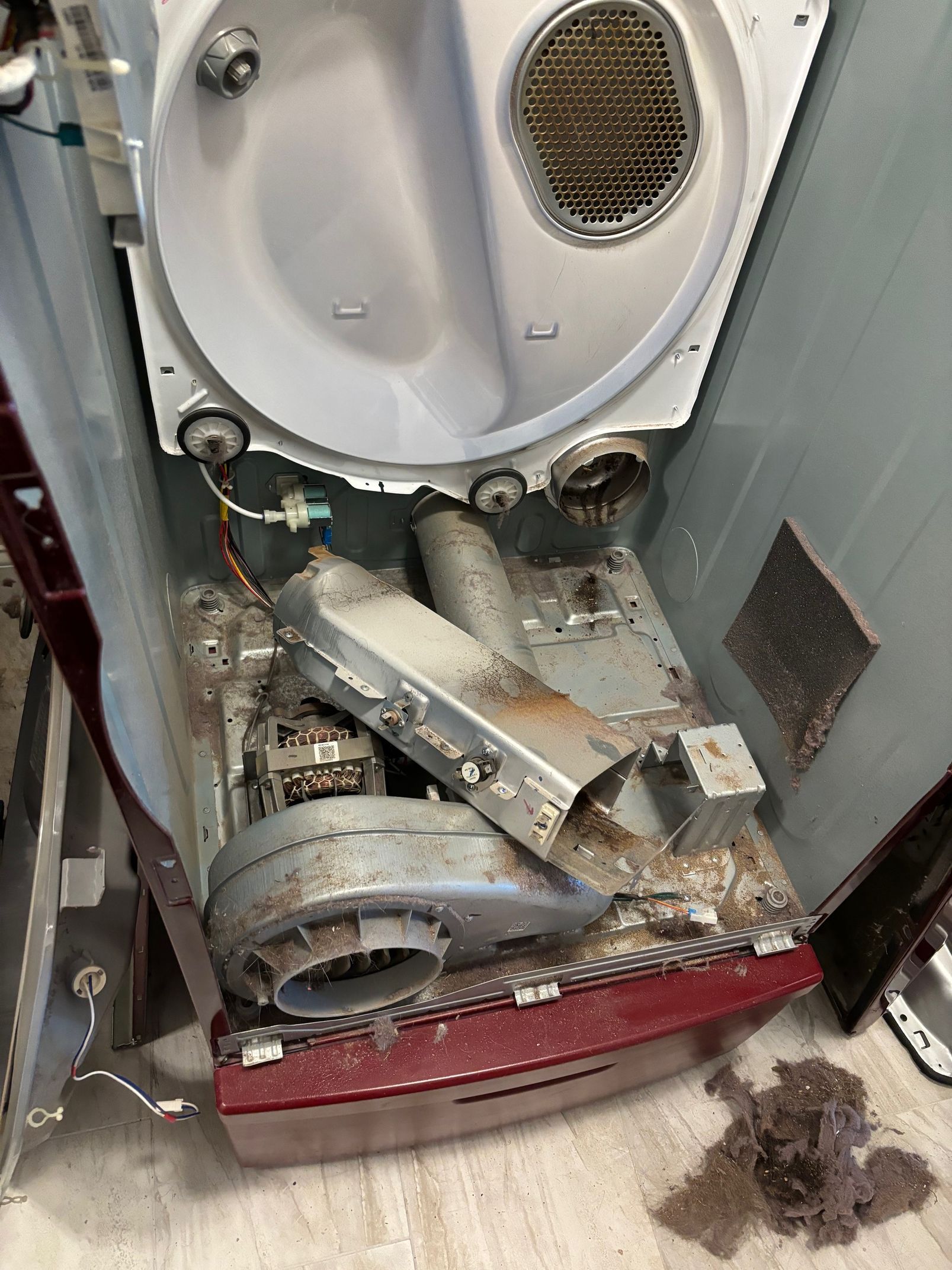 Open dryer with visible lint, mechanics, and debris.