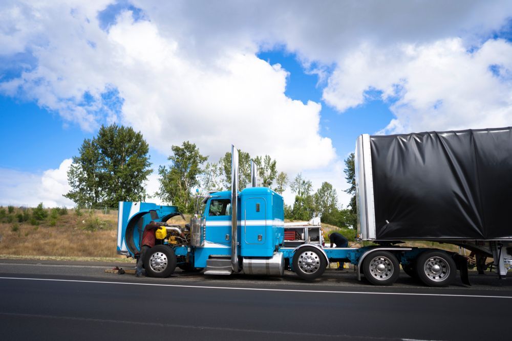 Blue semi-truck with black trailer parked on the side of a road, bright sky and trees in the background — Full Noise Mechanical in Humpty Doo, NT