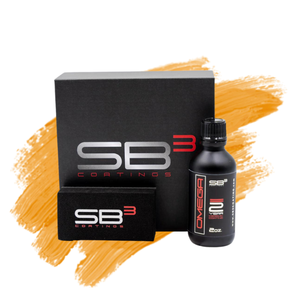 a bottle of sb3 coating sits next to a box