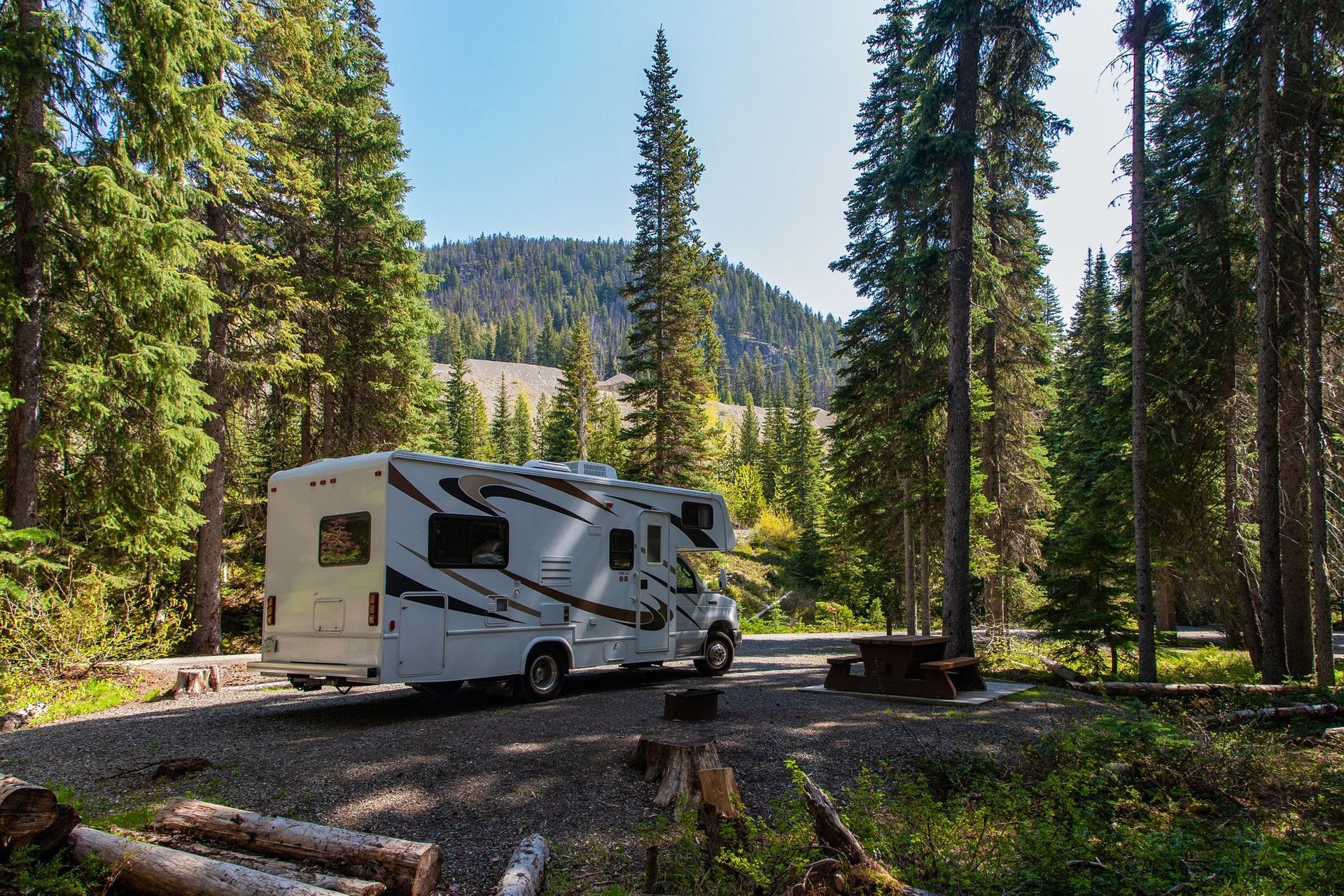 RV parked in a forest campsite with tall trees and a mountain in the background.