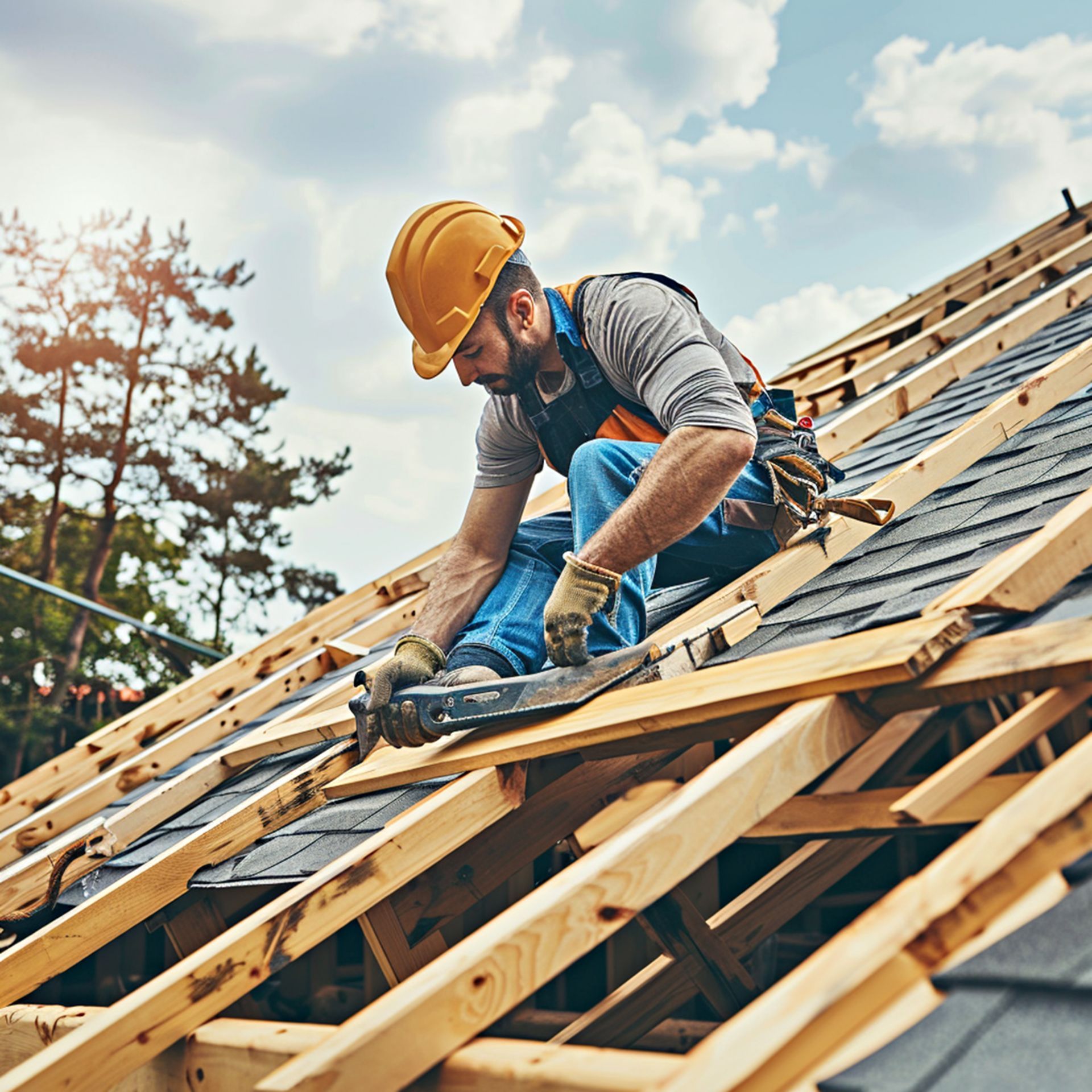 Roofer in a hard hat and harness works on a roof under a cloudy sky.
