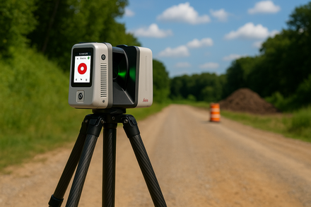 Leica RTC360 3D terrestrial laser scanner scanning an outdoor gravel road.