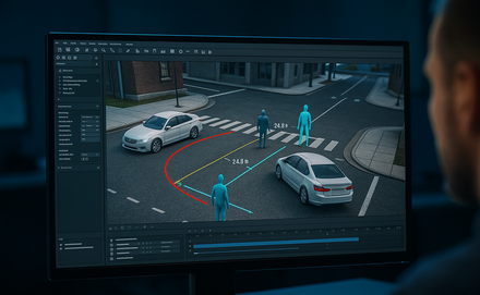 3D forensic visualization expert reconstructing a vehicle and pedestrian collision at an intersection.
